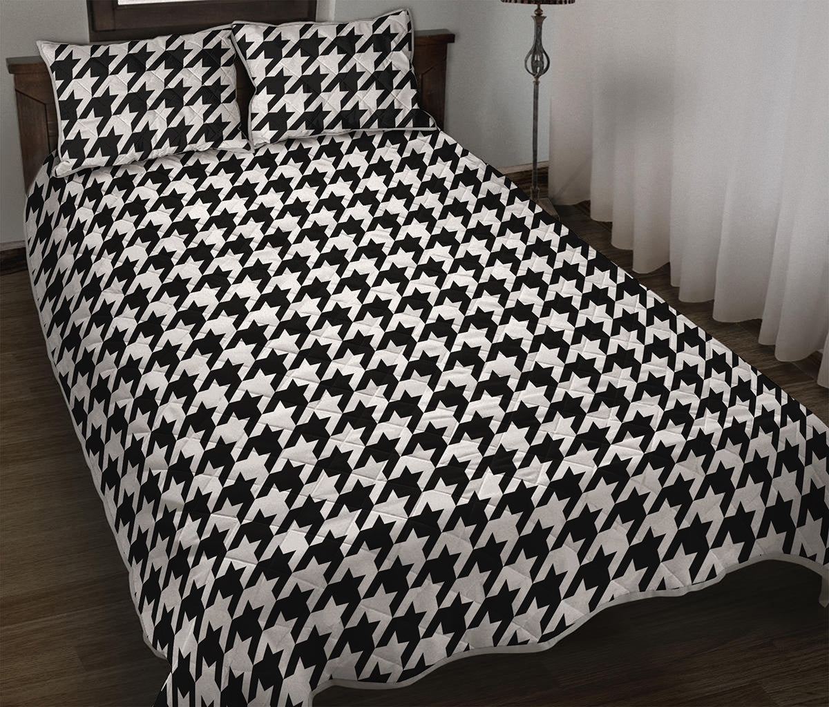 Black And White Houndstooth Print Quilt Bed Set