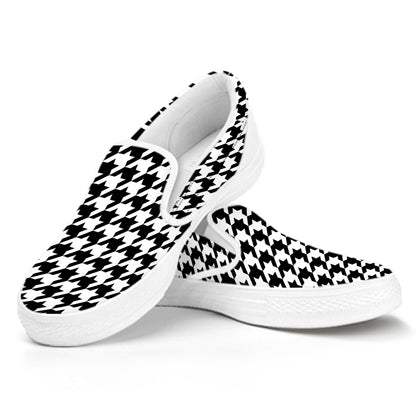 Black And White Houndstooth Print White Slip On Shoes