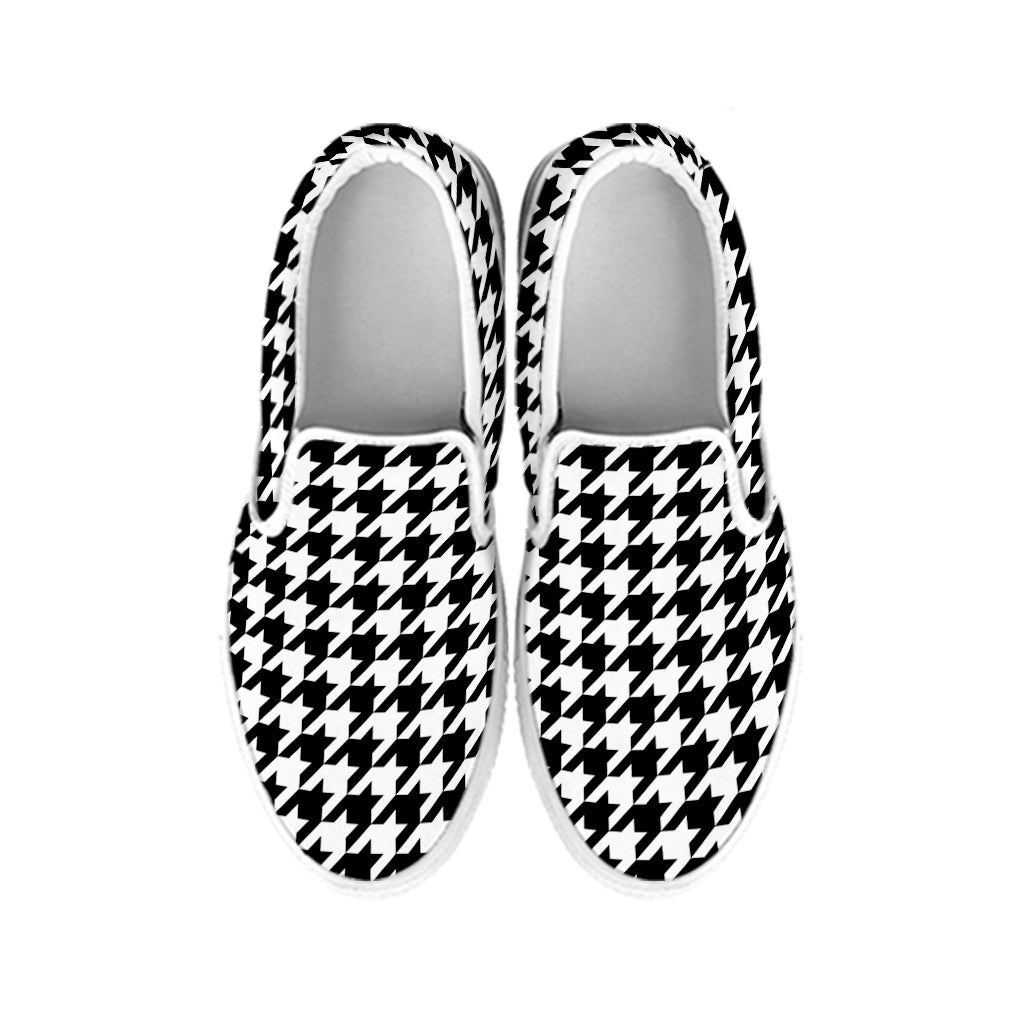 Black And White Houndstooth Print White Slip On Shoes