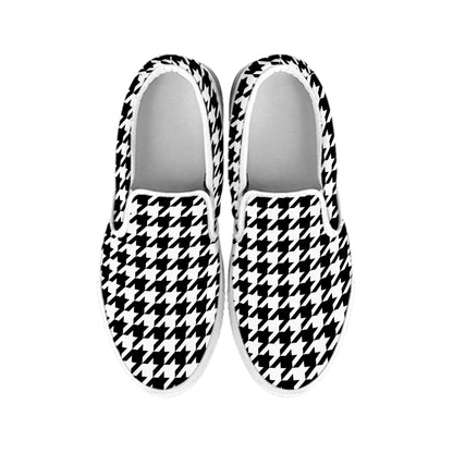 Black And White Houndstooth Print White Slip On Shoes