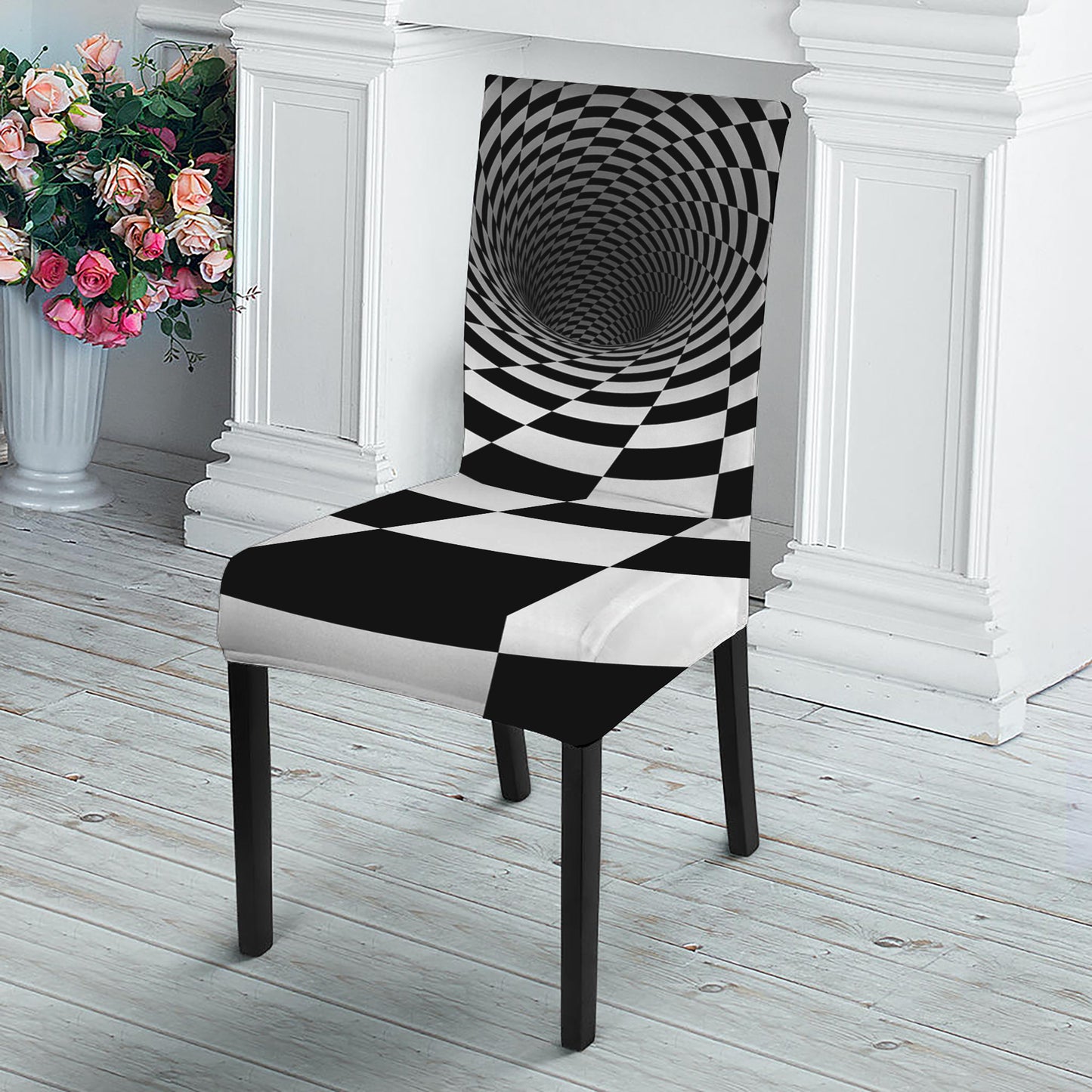 Black And White Hypnotic Illusion Print Dining Chair Slipcover