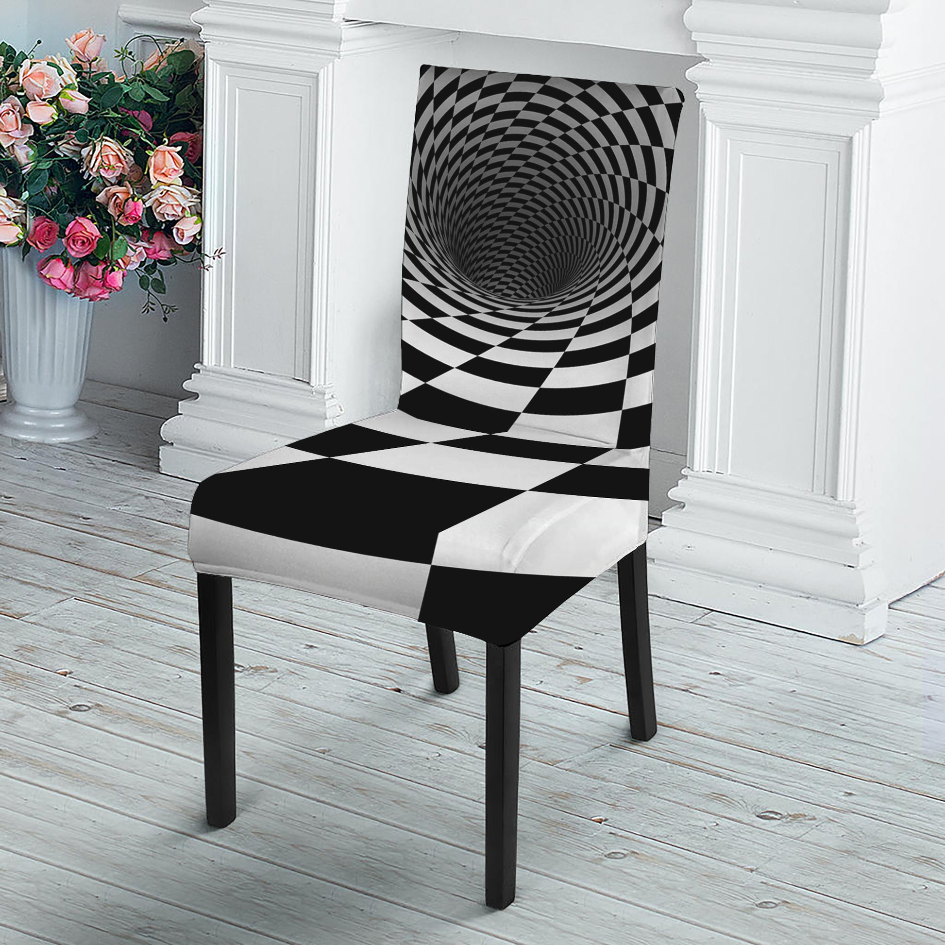 Black And White Hypnotic Illusion Print Dining Chair Slipcover