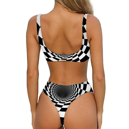 Black And White Hypnotic Illusion Print Front Bow Tie Bikini