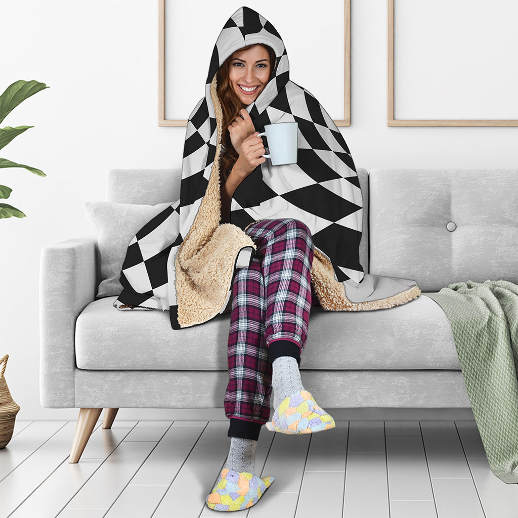 Black And White Hypnotic Illusion Print Hooded Blanket
