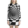 Black And White Hypnotic Illusion Print Pullover Hoodie Dress
