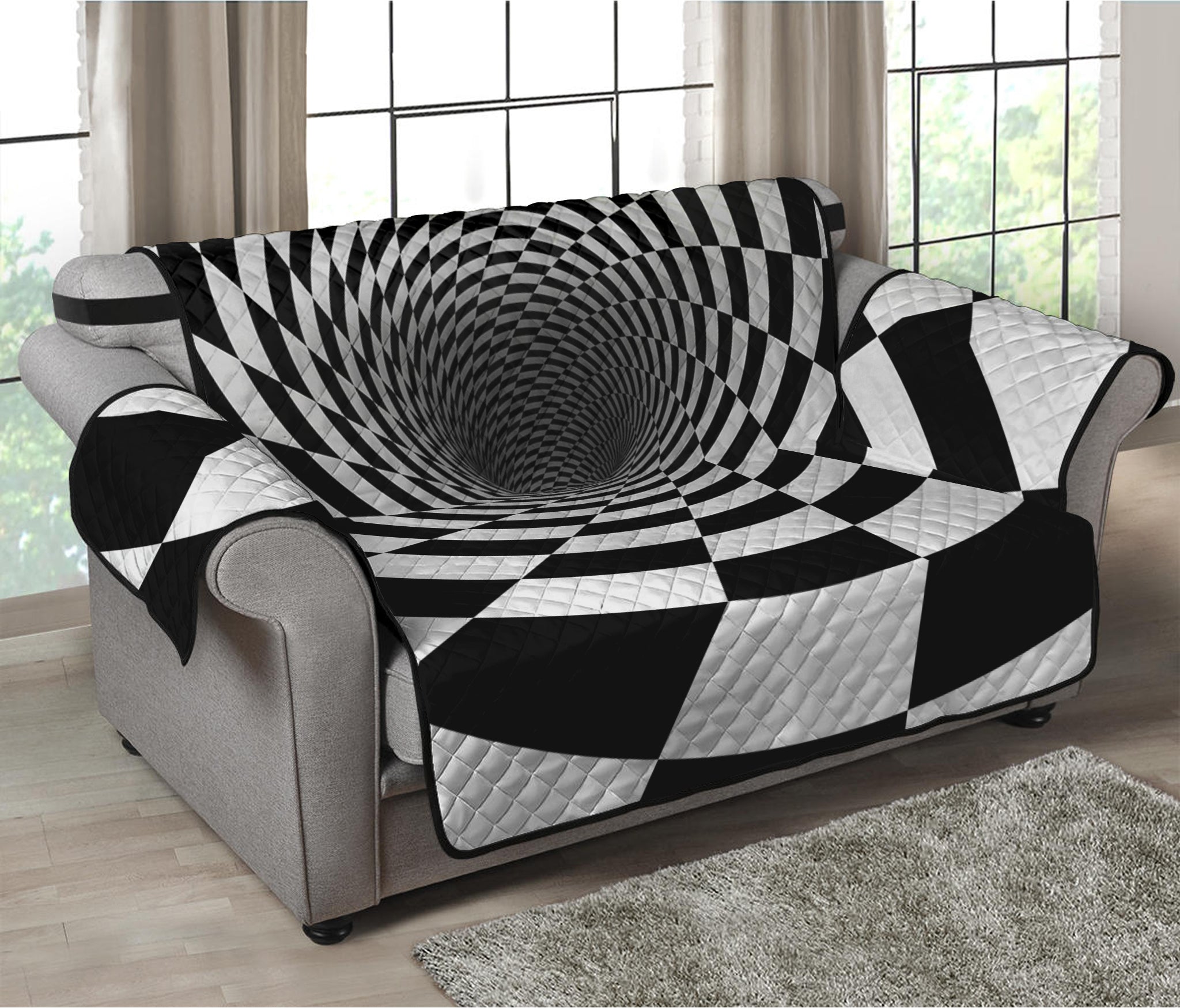 Black And White Hypnotic Illusion Print Loveseat Protector