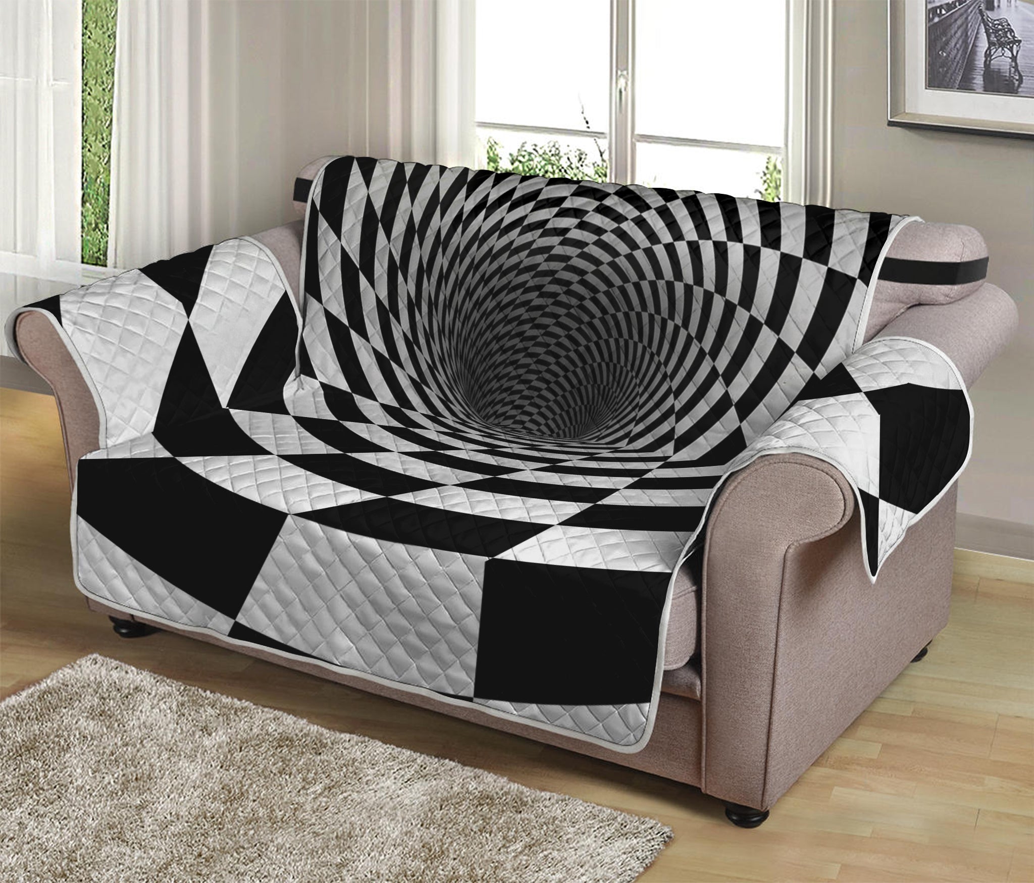 Black And White Hypnotic Illusion Print Loveseat Protector