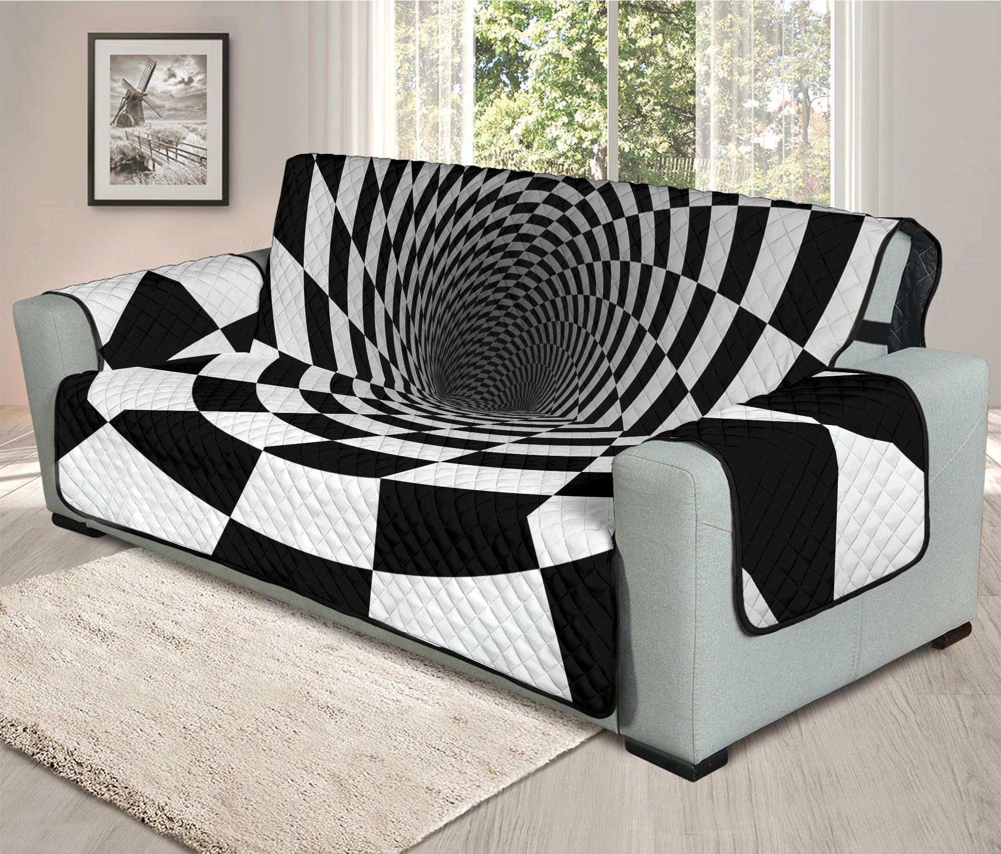 Black And White Hypnotic Illusion Print Oversized Sofa Protector