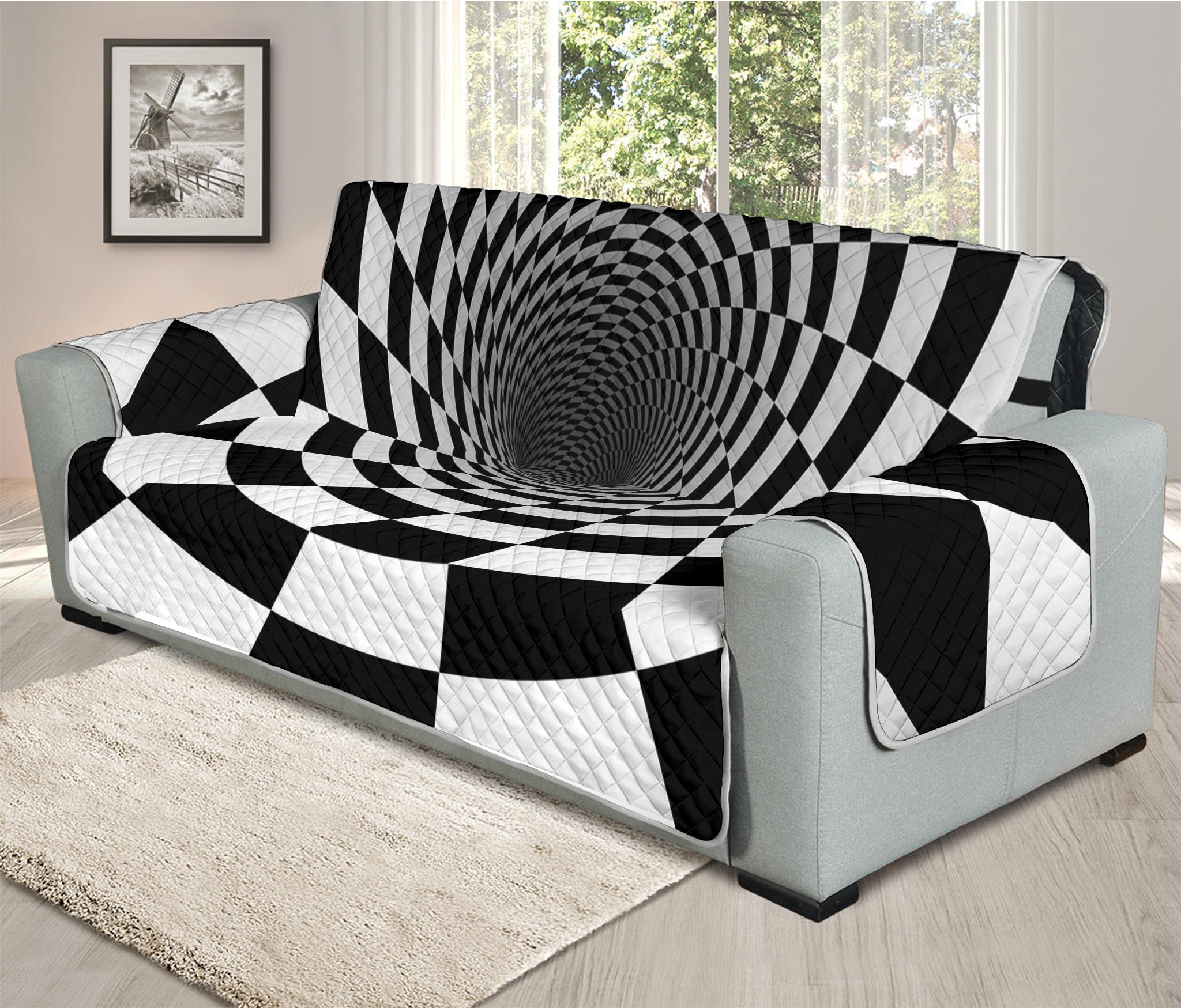 Black And White Hypnotic Illusion Print Oversized Sofa Protector