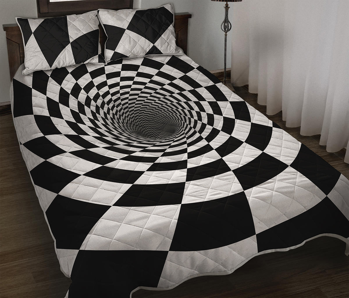 Black And White Hypnotic Illusion Print Quilt Bed Set