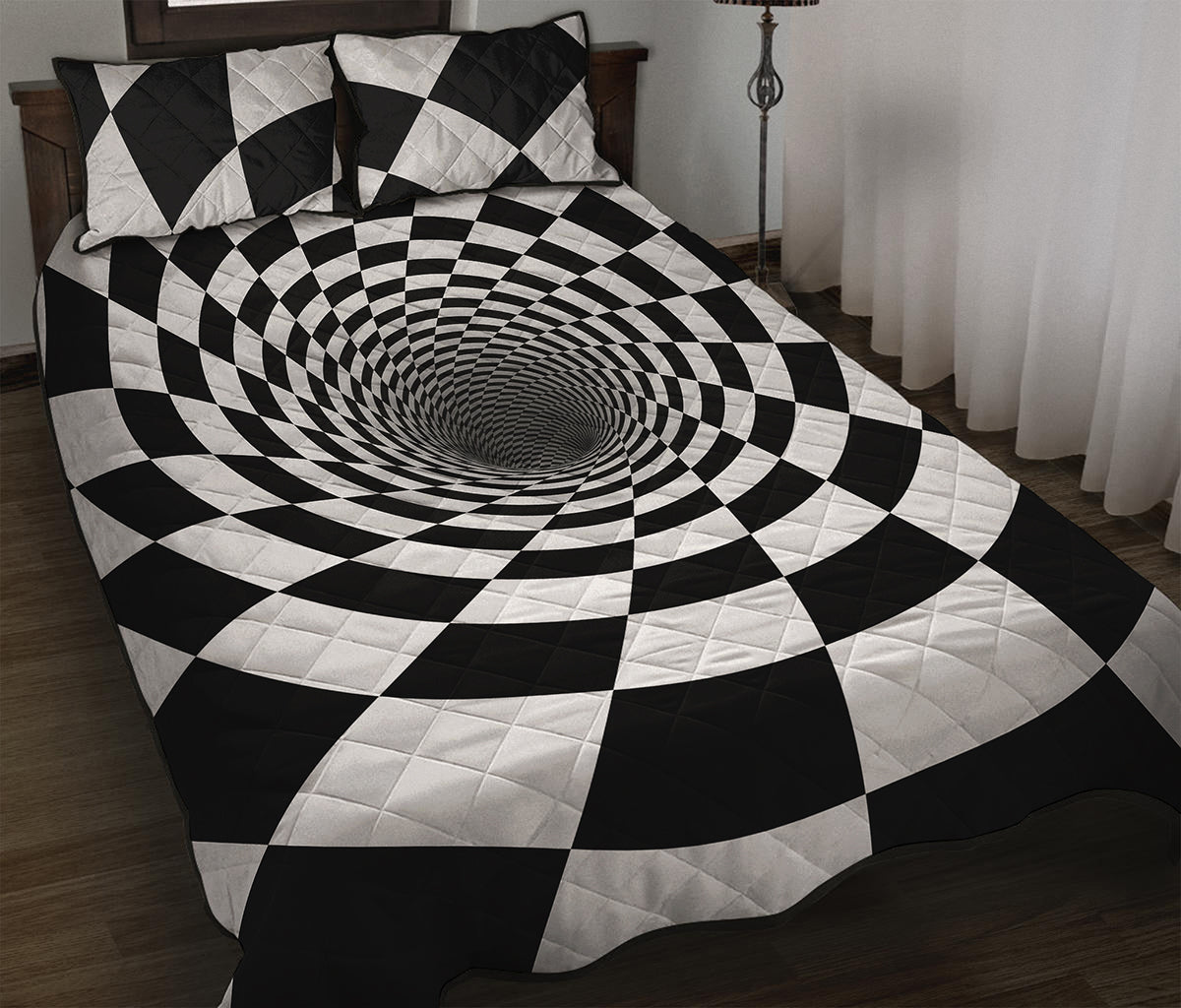 Black And White Hypnotic Illusion Print Quilt Bed Set