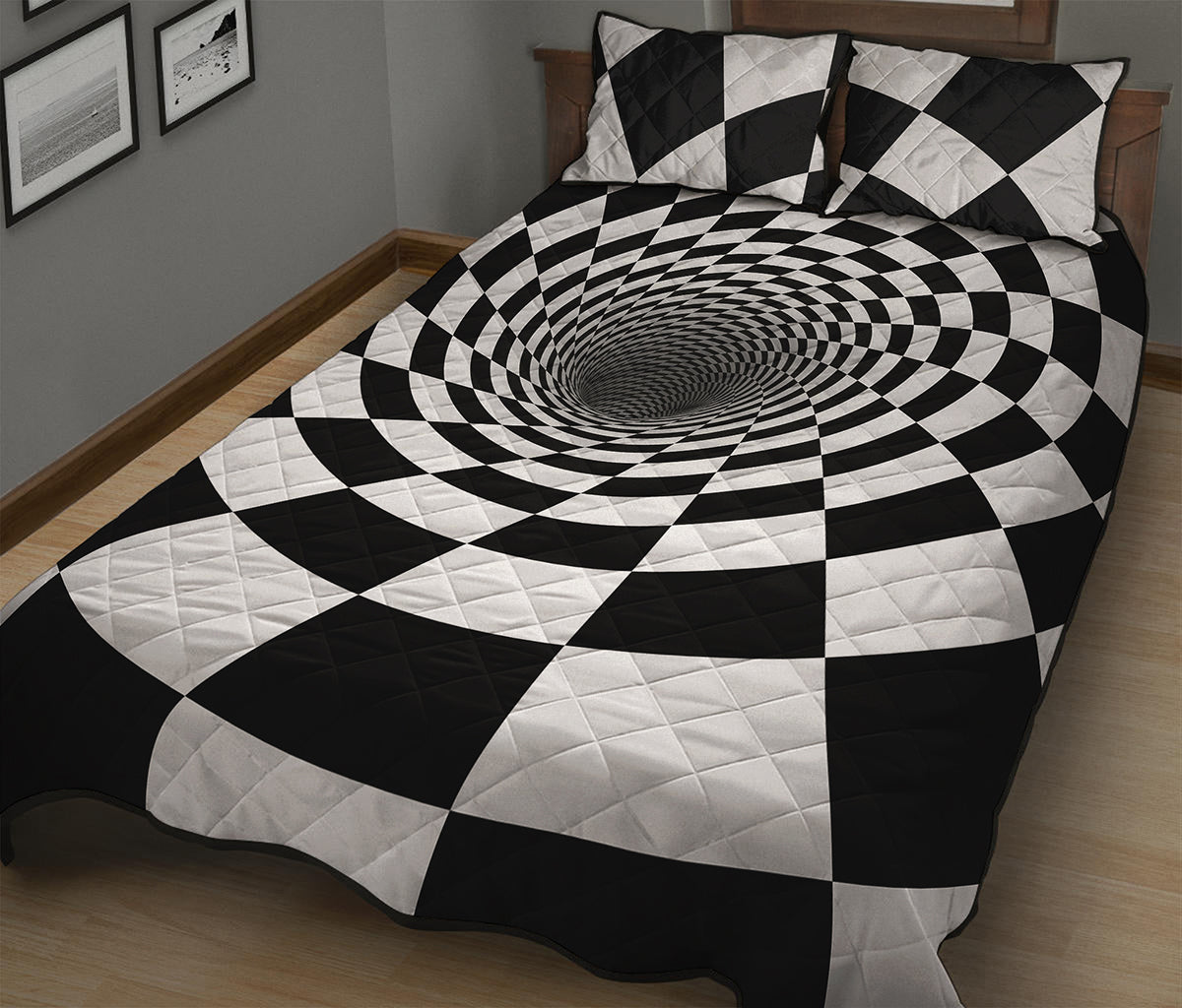Black And White Hypnotic Illusion Print Quilt Bed Set