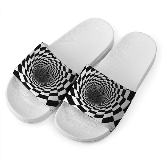 Black And White Hypnotic Illusion Print White Slide Sandals