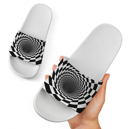 Black And White Hypnotic Illusion Print White Slide Sandals