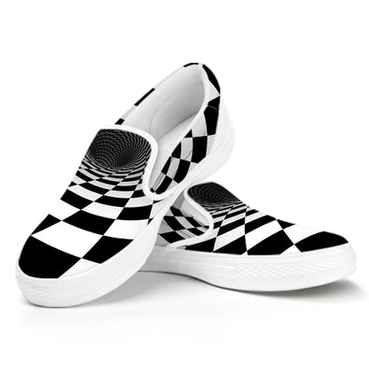 Black And White Hypnotic Illusion Print White Slip On Shoes
