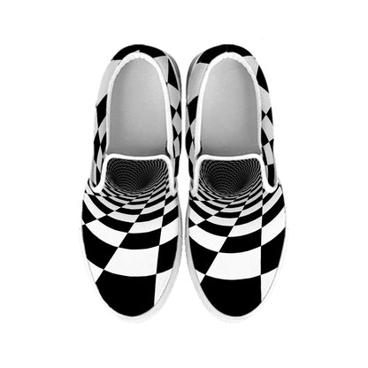 Black And White Hypnotic Illusion Print White Slip On Shoes