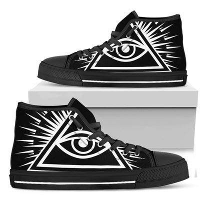Black And White Illuminati Print Black High Top Shoes
