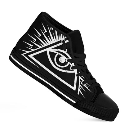 Black And White Illuminati Print Black High Top Shoes