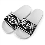 Black And White Illuminati Print White Slide Sandals
