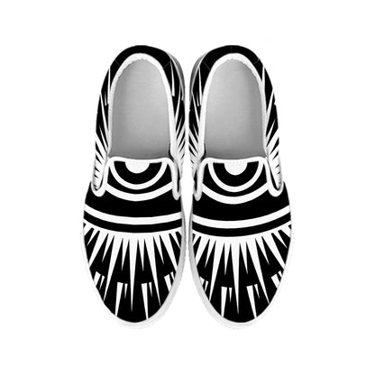 Black And White Illuminati Print White Slip On Shoes