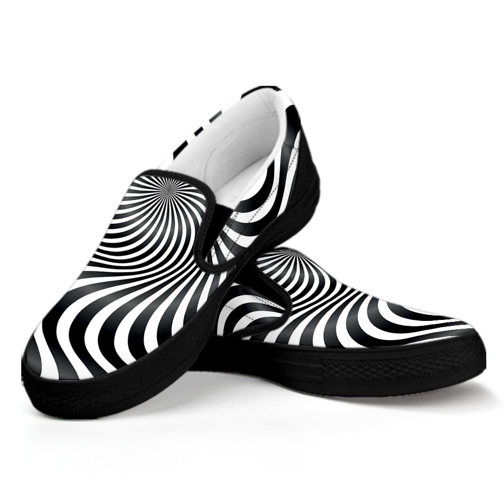 Black And White Illusory Motion Print Black Slip On Shoes