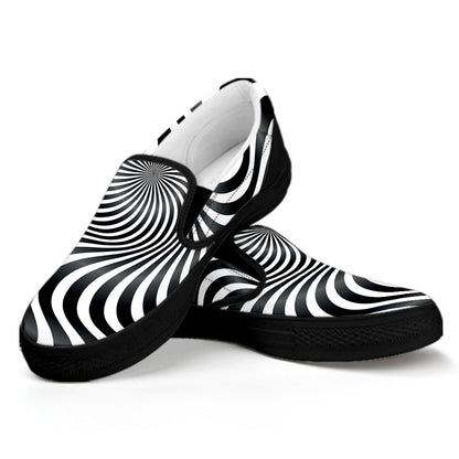 Black And White Illusory Motion Print Black Slip On Shoes