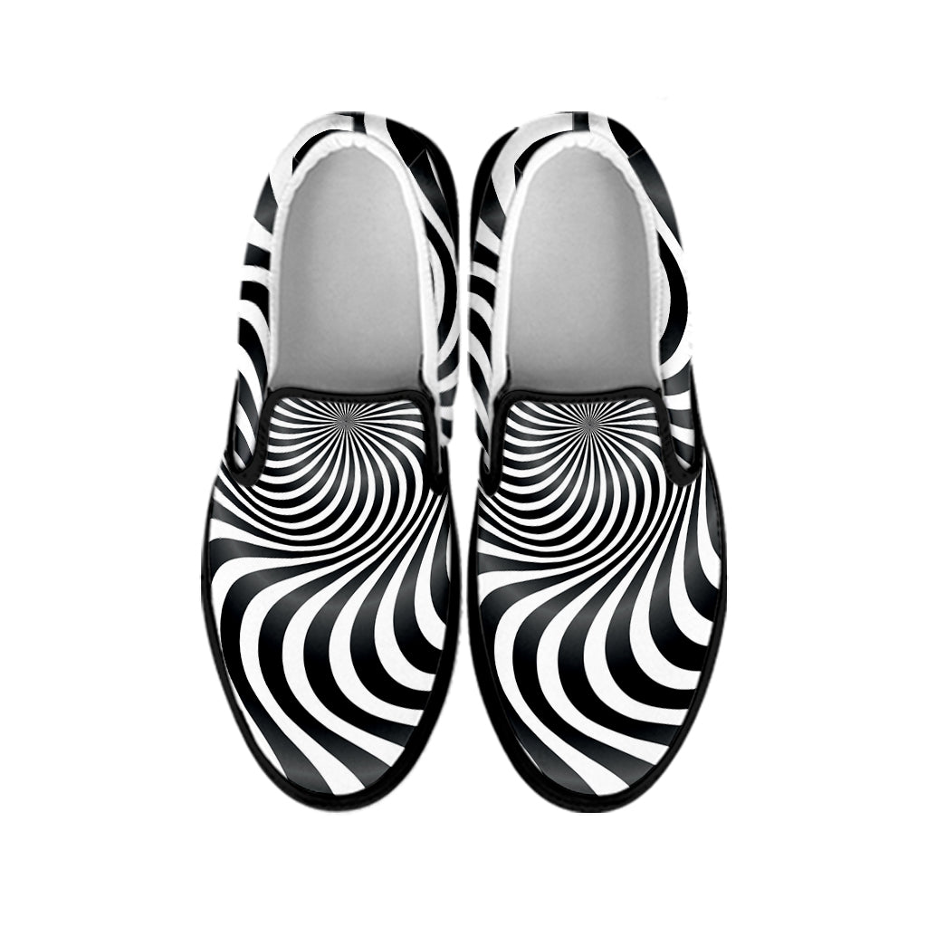 Black And White Illusory Motion Print Black Slip On Shoes