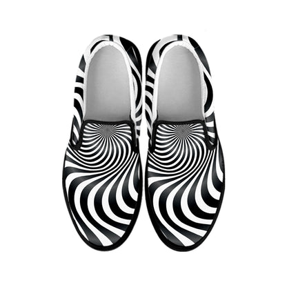 Black And White Illusory Motion Print Black Slip On Shoes