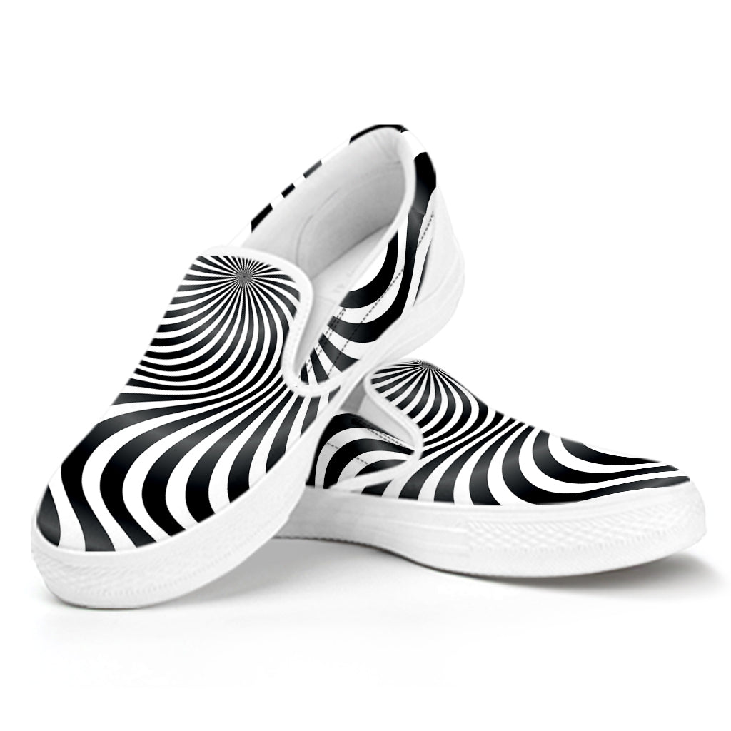 Black And White Illusory Motion Print White Slip On Shoes
