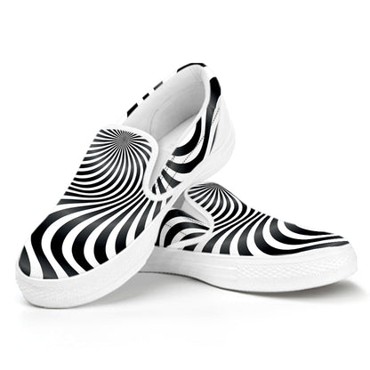 Black And White Illusory Motion Print White Slip On Shoes