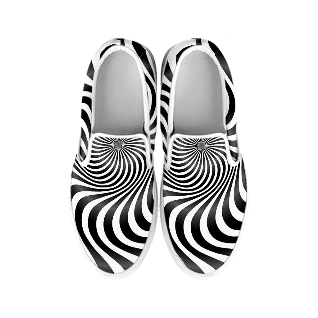 Black And White Illusory Motion Print White Slip On Shoes