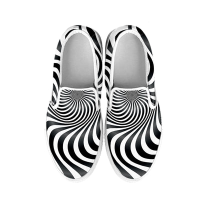 Black And White Illusory Motion Print White Slip On Shoes