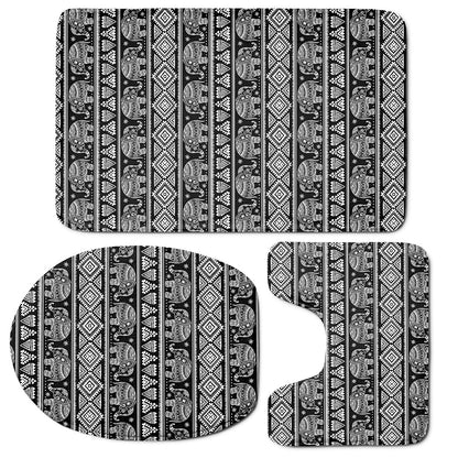 Black And White Indian Elephant Print 3 Piece Bath Mat Set