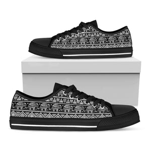 Black And White Indian Elephant Print Black Low Top Shoes