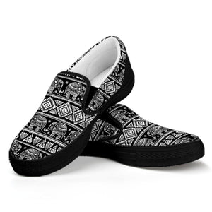 Black And White Indian Elephant Print Black Slip On Shoes