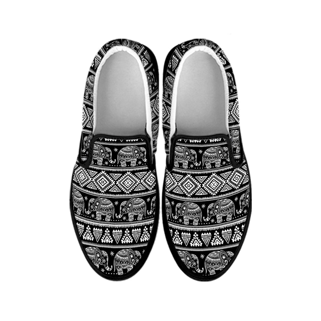 Black And White Indian Elephant Print Black Slip On Shoes