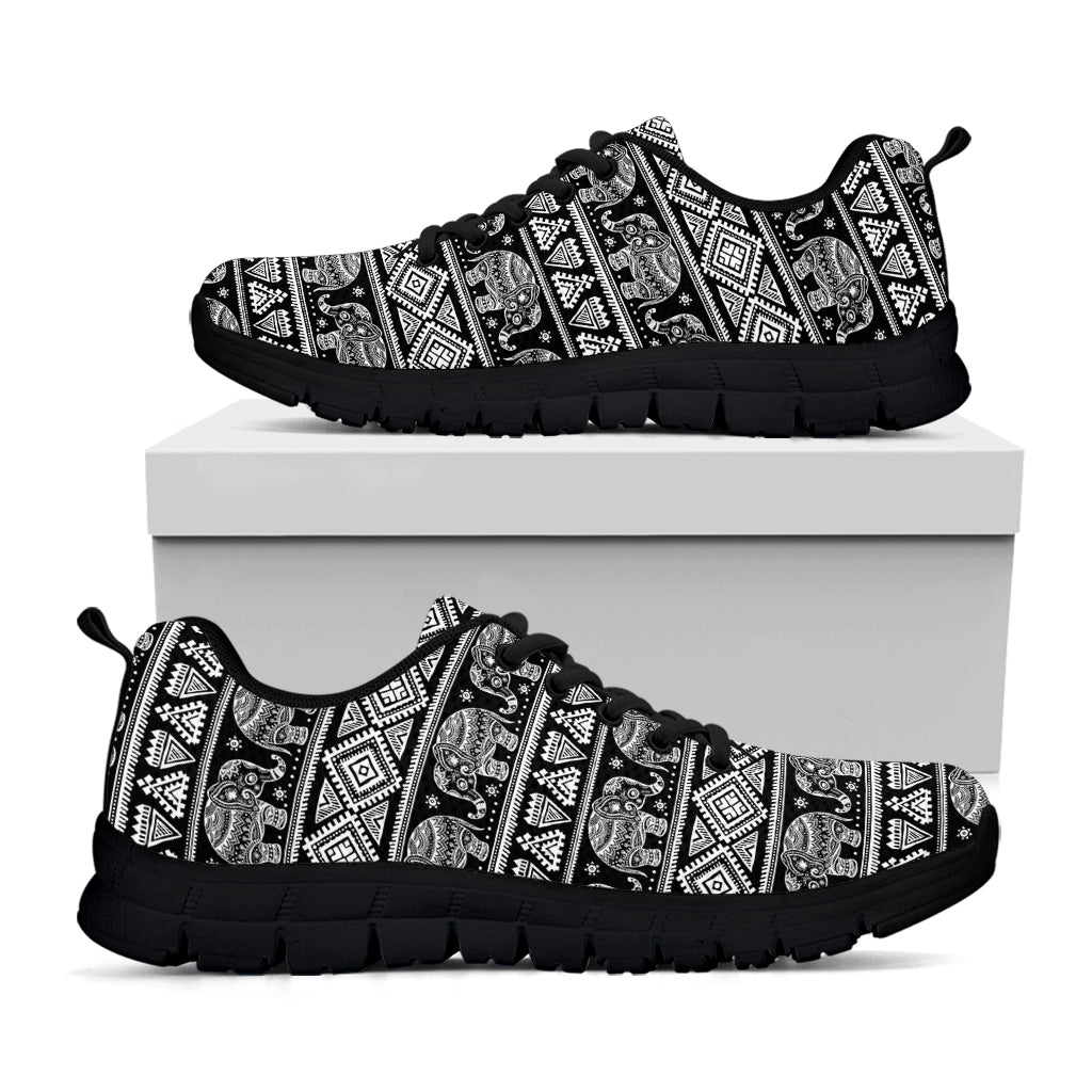 Black And White Indian Elephant Print Black Sneakers