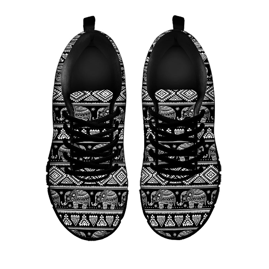 Black And White Indian Elephant Print Black Sneakers