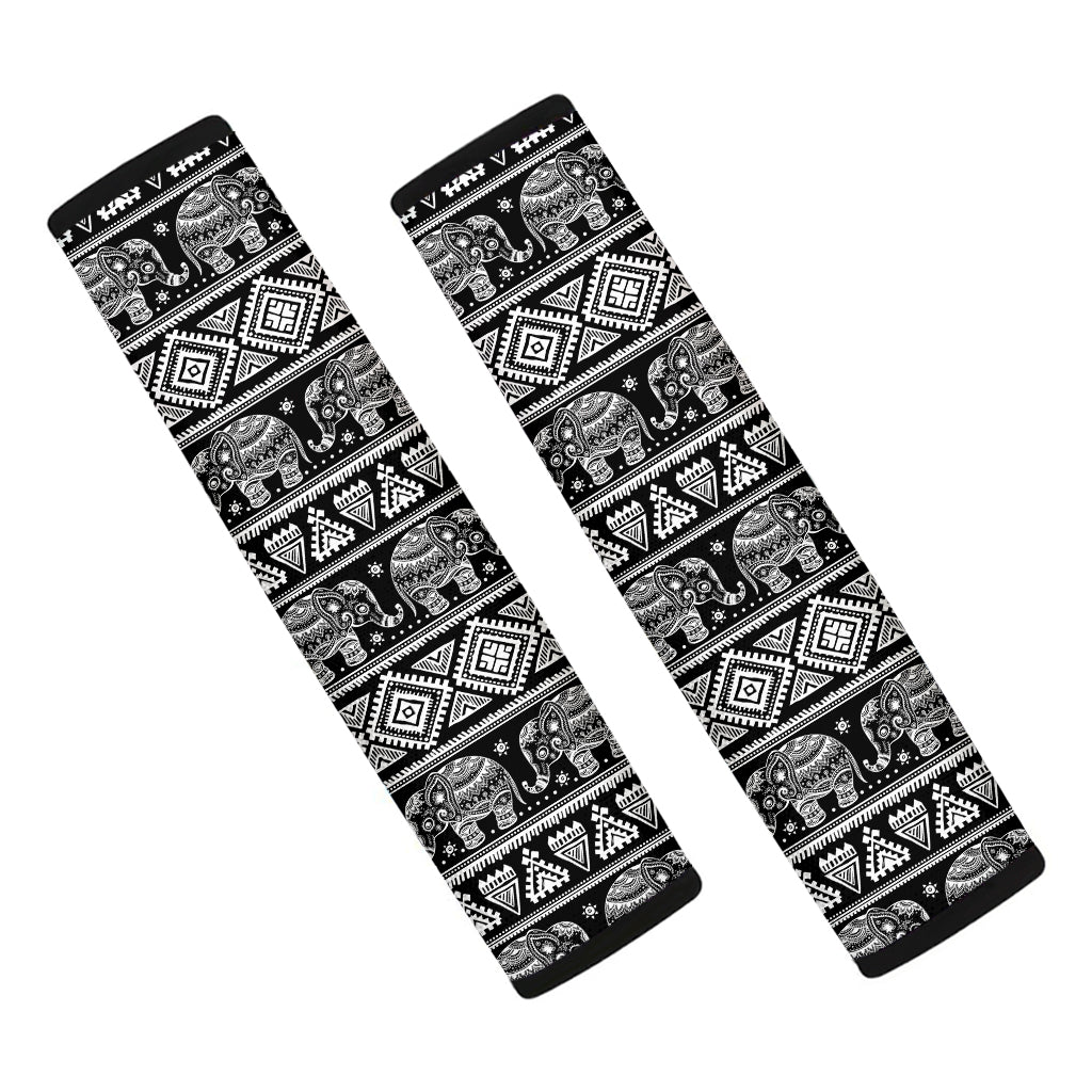 Black And White Indian Elephant Print Car Seat Belt Covers