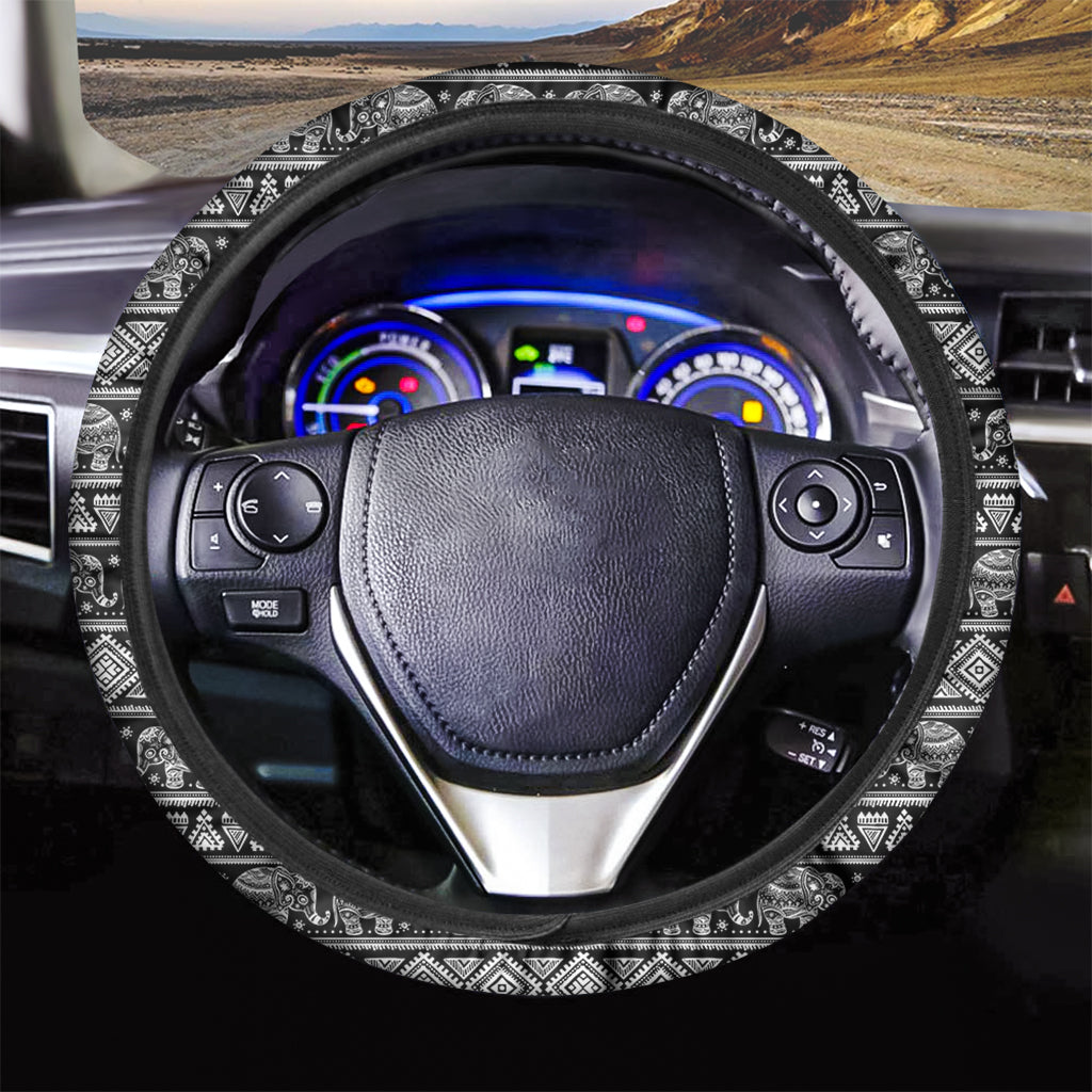 Black And White Indian Elephant Print Car Steering Wheel Cover
