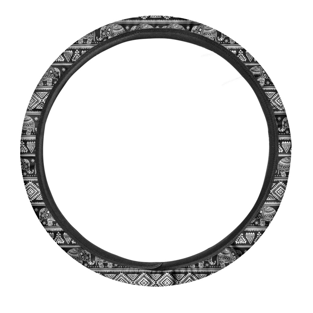 Black And White Indian Elephant Print Car Steering Wheel Cover