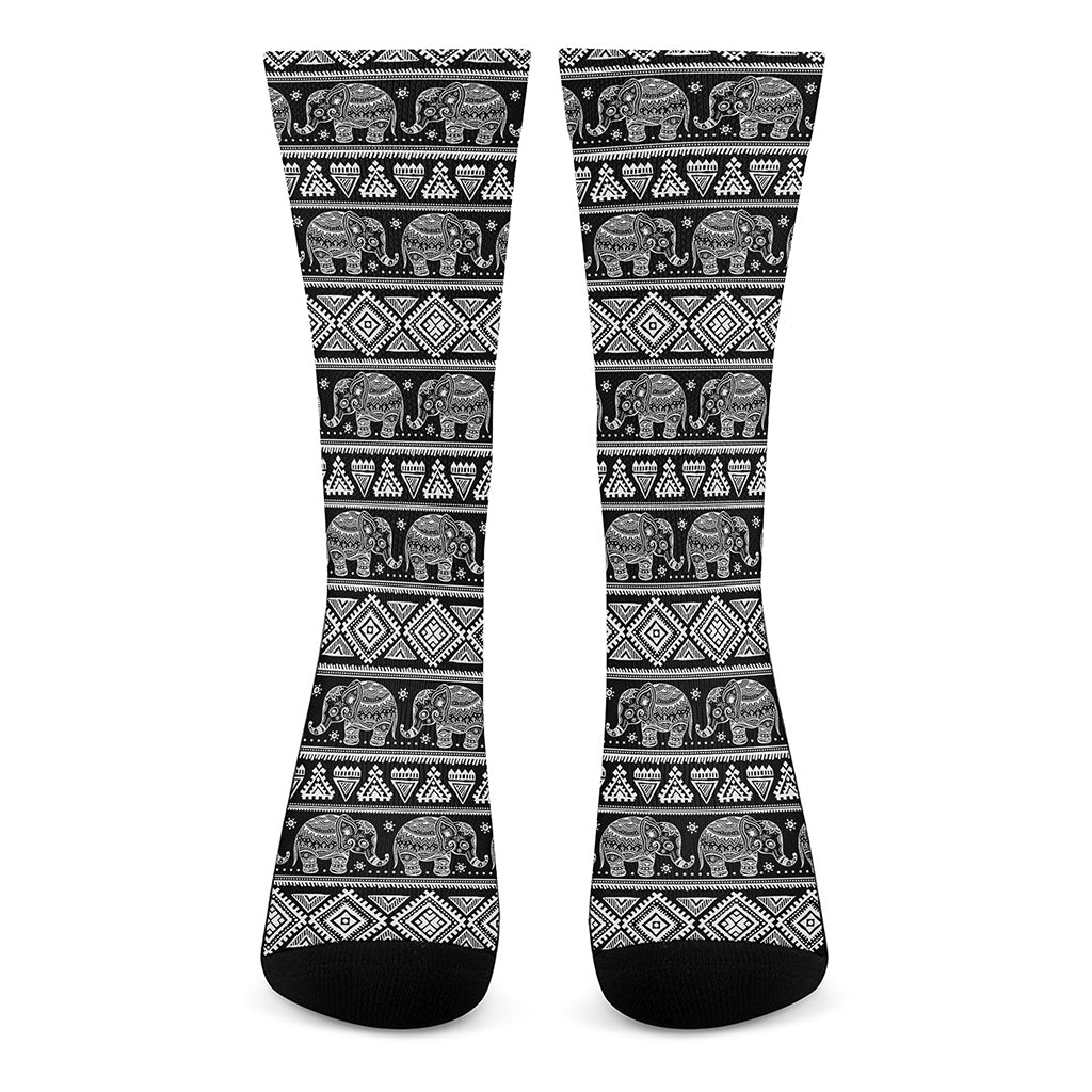 Black And White Indian Elephant Print Crew Socks