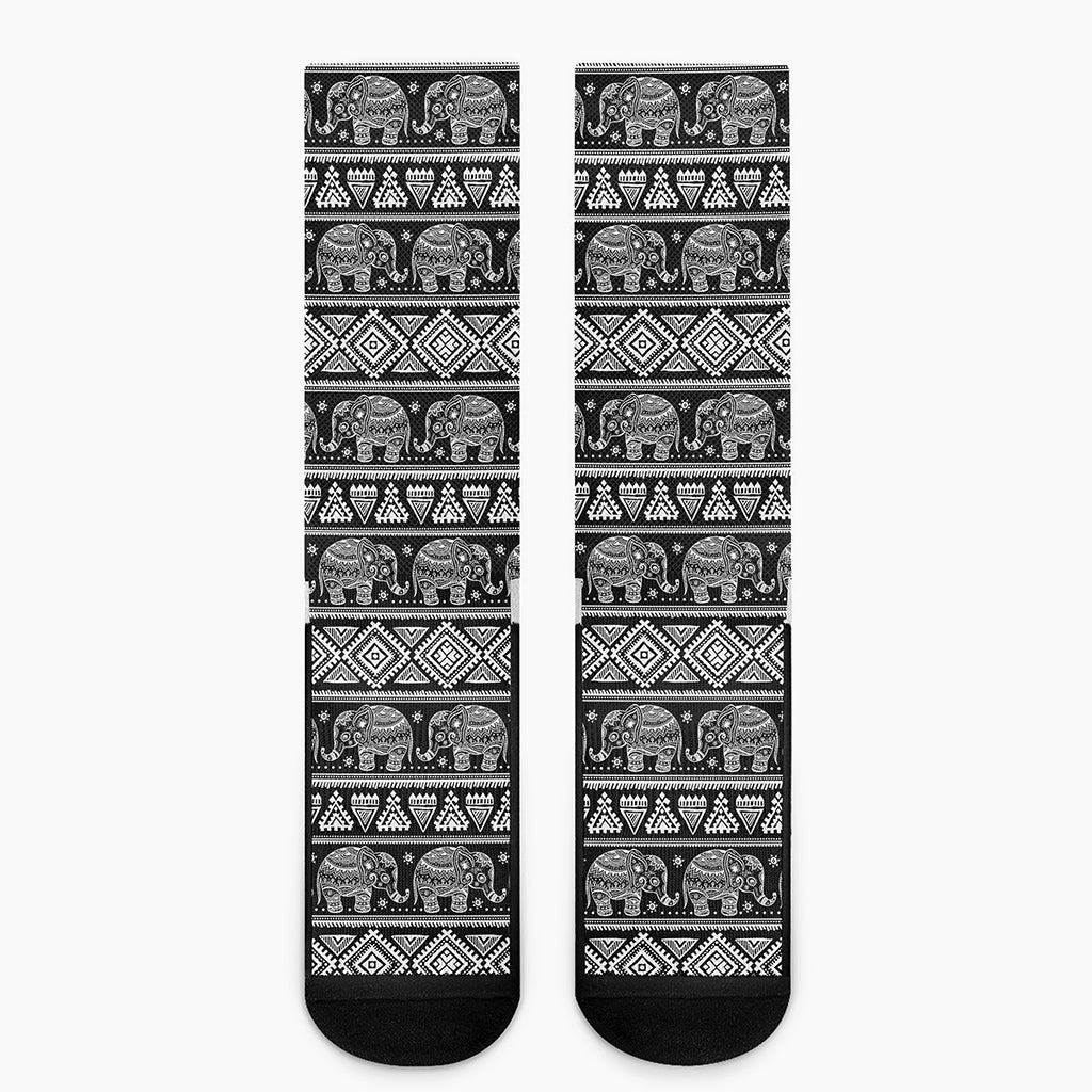 Black And White Indian Elephant Print Crew Socks