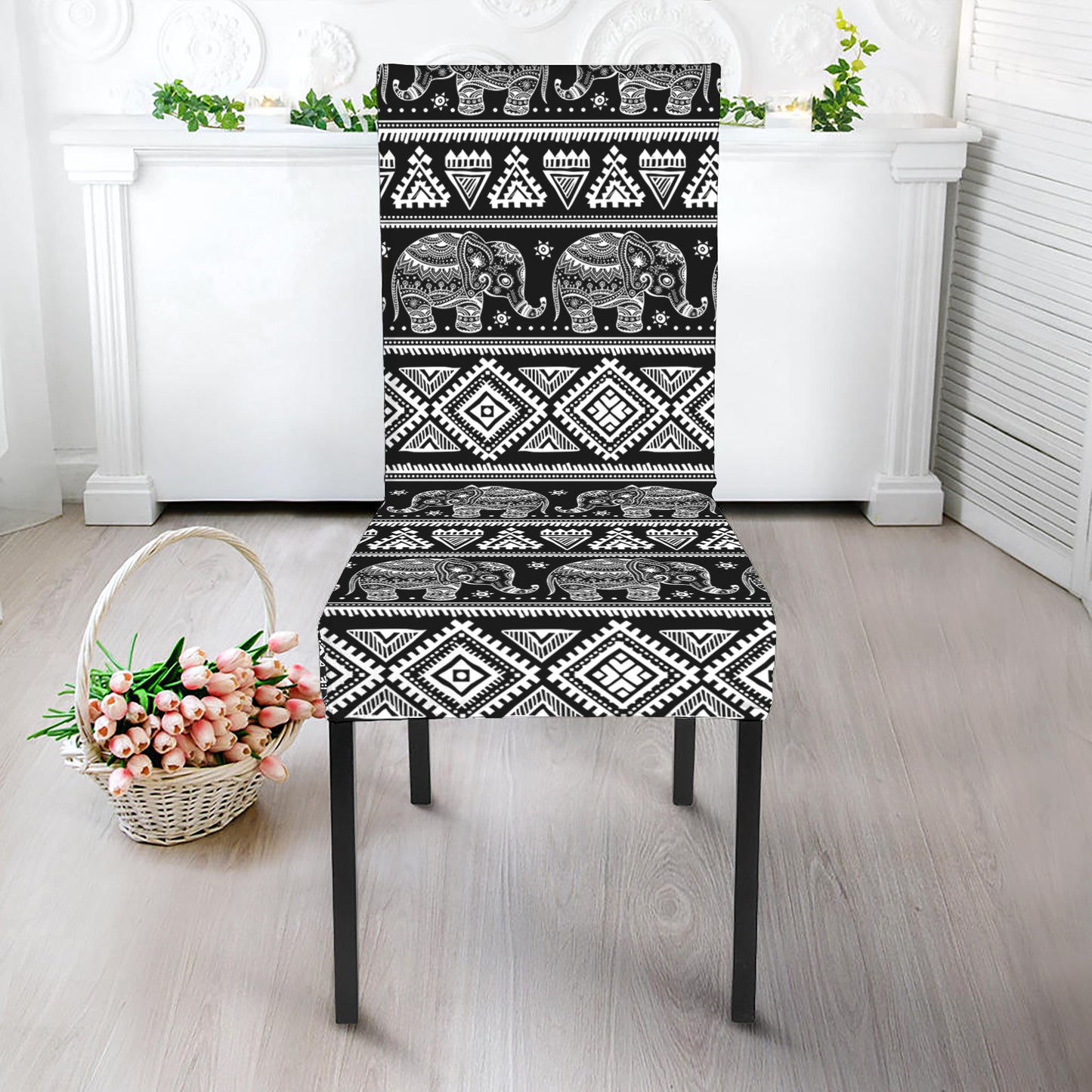 Black And White Indian Elephant Print Dining Chair Slipcover
