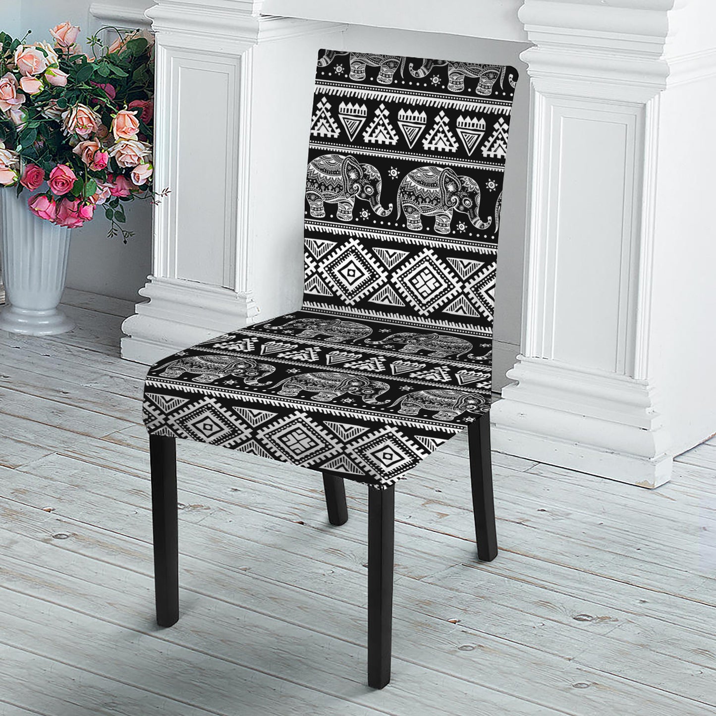 Black And White Indian Elephant Print Dining Chair Slipcover