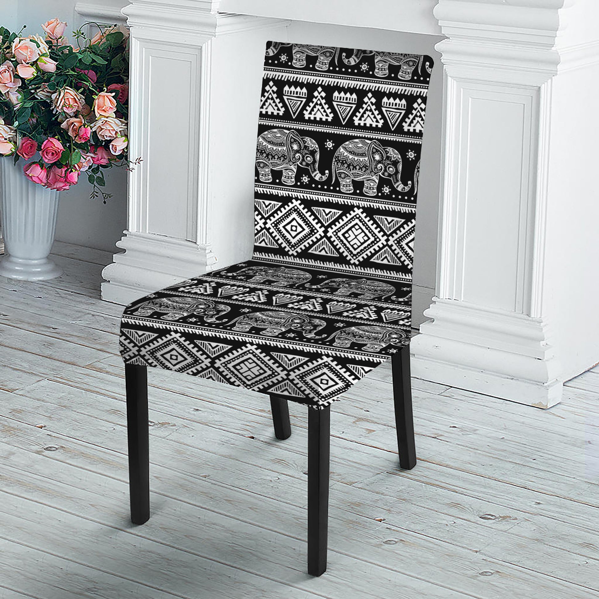 Black And White Indian Elephant Print Dining Chair Slipcover