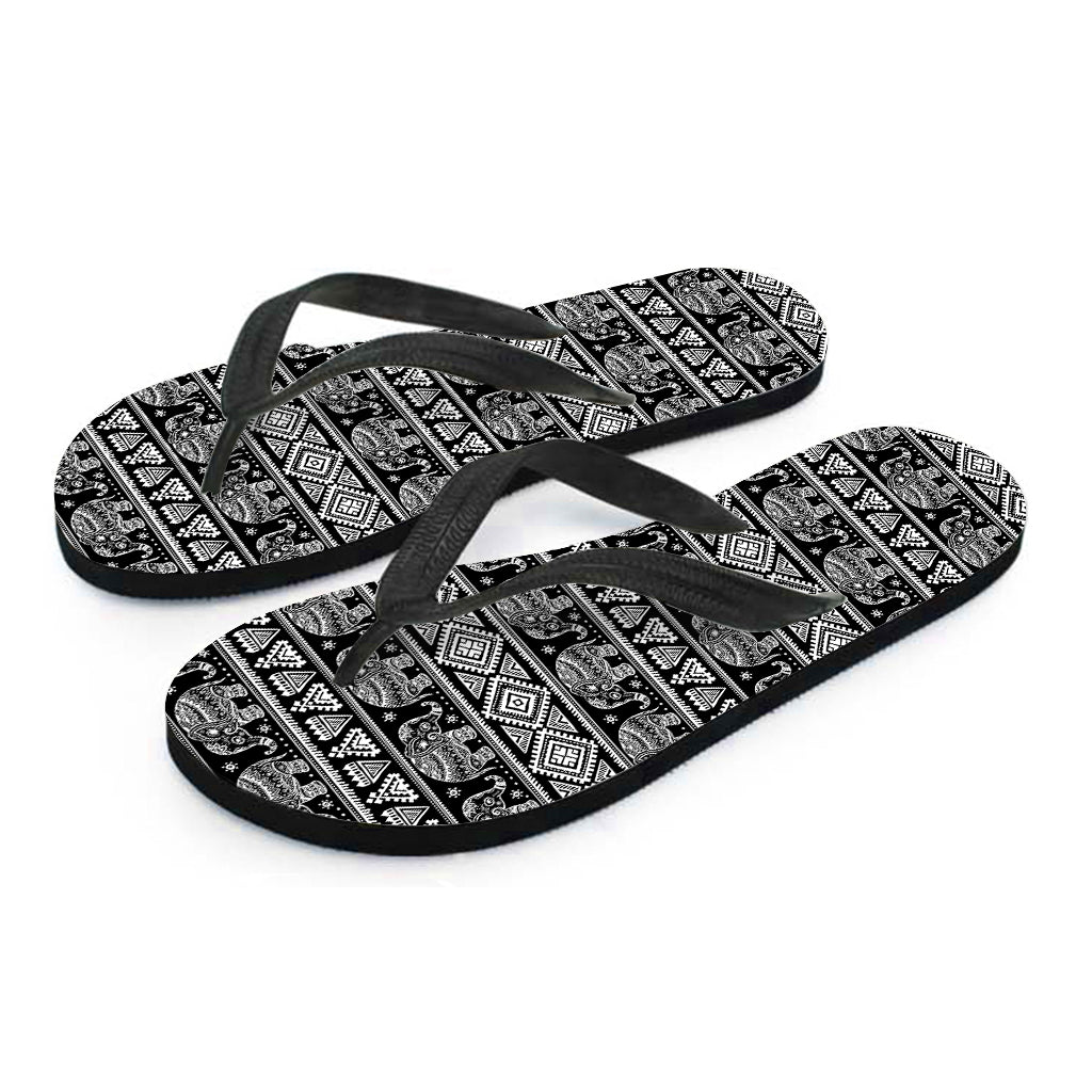 Black And White Indian Elephant Print Flip Flops