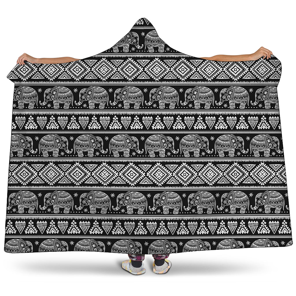 Black And White Indian Elephant Print Hooded Blanket