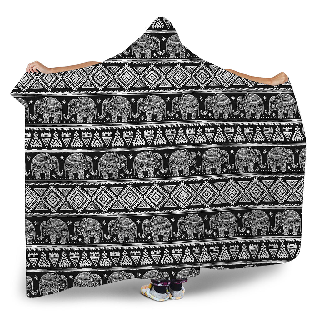 Black And White Indian Elephant Print Hooded Blanket