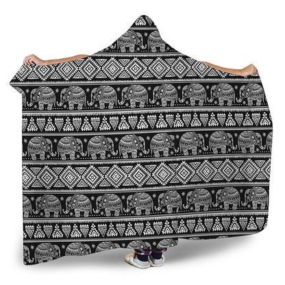 Black And White Indian Elephant Print Hooded Blanket